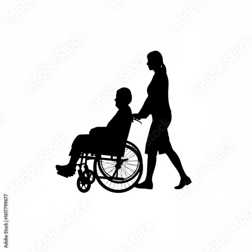 Silhouette of caregiver pushing elderly person in wheelchair on white background