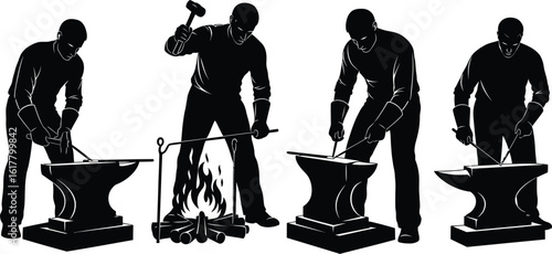 Silhouetted blacksmiths at work with anvils and fire