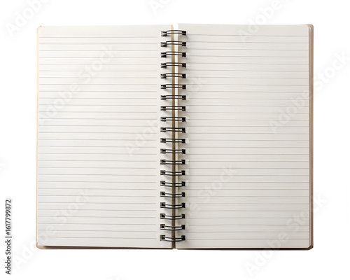 Open notebook with lined paper and spiral binding isolated on transparent background