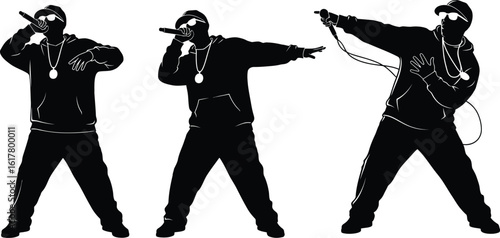 Three silhouetted rappers with microphones