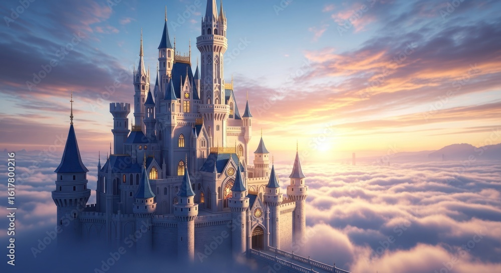 Obraz premium A majestic castle rises above a sea of clouds at sunset with intricate architecture and glowing windows