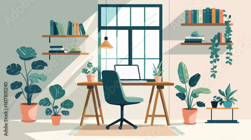 Modern home office oasis with abundant natural light, lush plants, and a minimalist desk setup for productive work and creative inspiration