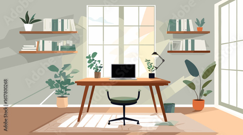 Serene home office bathed in natural light, featuring a minimalist desk setup with laptop, plants, and bookshelves for productive work.