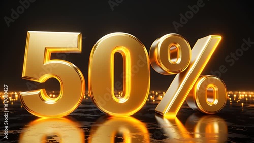 Golden bold text “50% OFF” glowing and pulsing in slow loop, cinematic luxury theme with black and gold background, ideal for high-end sale videos