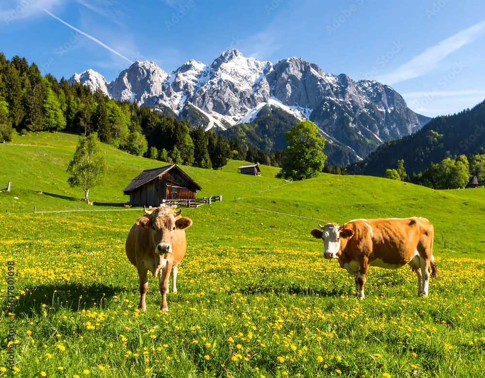 Fototapeta premium Cows grazing in alpine meadow