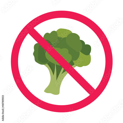 No broccoli sign, forbidden broccoli vegetable sign, green vegetable restriction warning, flat vector illustration
