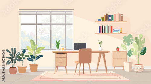 Serene home office setup bathed in soft natural light, featuring a wooden desk, plants, and bookshelves for productive work.