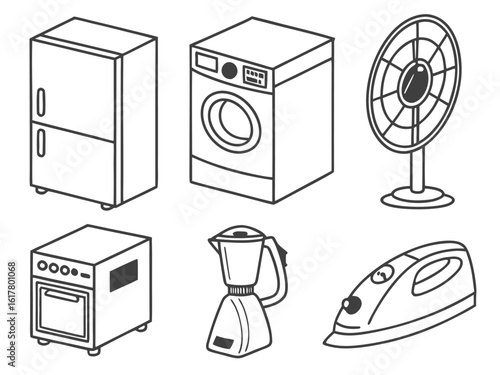 Collection of isometric line art illustrations of common household appliances for everyday use