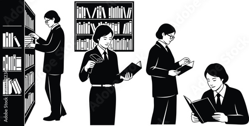 People in library with bookshelves