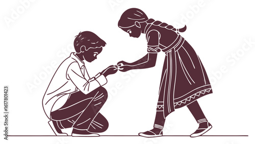Two children a boy and a girl interact tenderly as they hold a small object between them