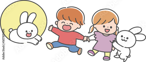 お月見に誘ううさぎたちと子どもたち