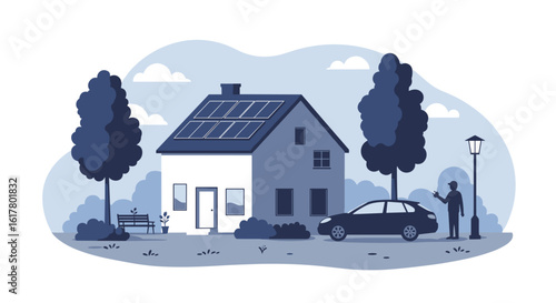 Modern home powered by solar panels with electric car charging, representing sustainable living and clean energy for a greener future.