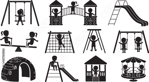 Children play on playground. Kid playground equipment icons. Childhood pictogram icon set