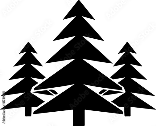 Three stylized pine trees in a natural forest setting