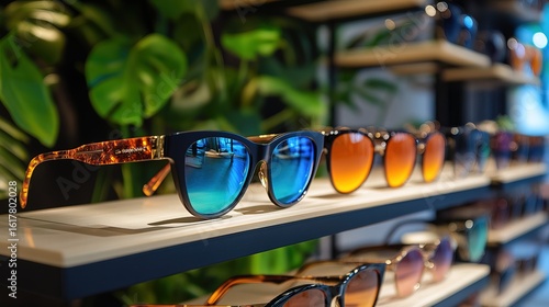 Fashionable Collection of Sunglasses Displayed on a Shelf in a Store