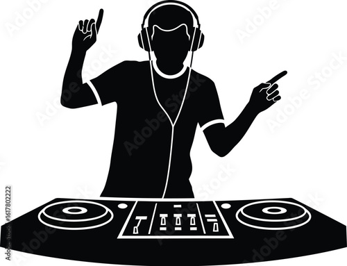 Silhouette of dj with headphones and turntable