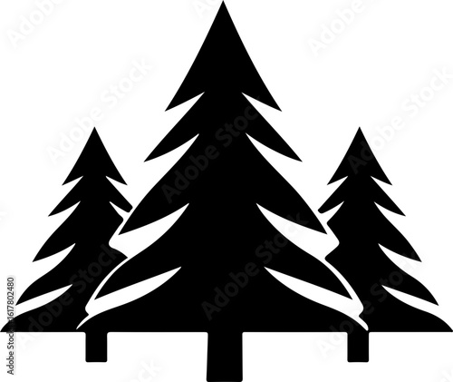 Three stylized pine trees create a natural forest scene