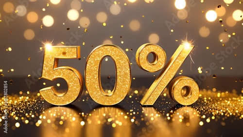 Golden bold text “50% OFF” glowing and pulsing in slow loop, cinematic luxury theme with black and gold background, ideal for high-end sale videos