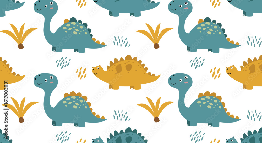 Naklejka premium Seamless Vector Pattern of Cute Dinosaurs