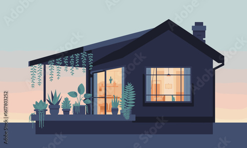 Serene modern home exterior with lush balcony plants and warm interior lights at dusk creates a cozy inviting atmosphere for peaceful living