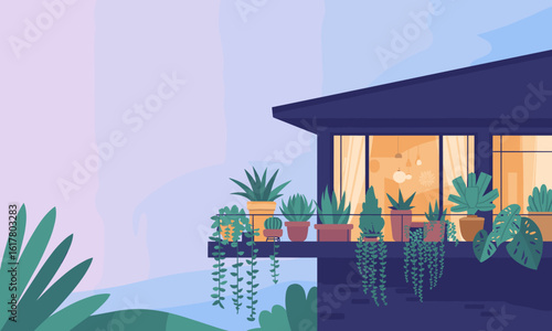 Serene balcony garden oasis with lush plants and warm interior glow, inviting urban tranquility and stylish home decor inspiration