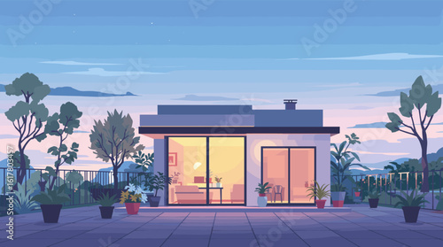 Modern minimalist villa with lush balcony garden overlooking serene twilight landscape and distant mountains