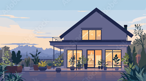 Serene modern home with lush balcony garden overlooks rolling hills at golden hour, inviting peaceful relaxation and elegant living