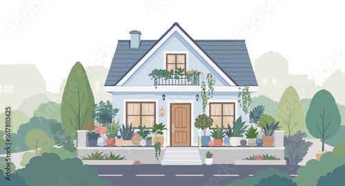 Charming suburban home adorned with lush potted plants and blooming flowers creates a welcoming, vibrant curb appeal.