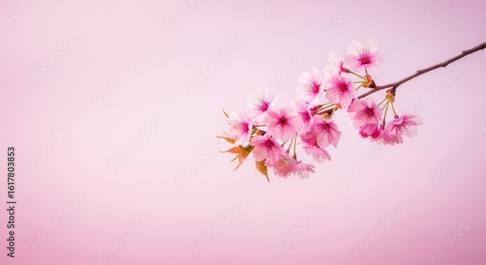 Fototapeta premium A branch of pink cherry blossoms against a soft pink background in the upper right corner of frame