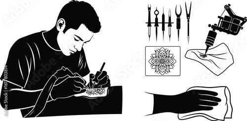 Tattoo artist at work with tools and design