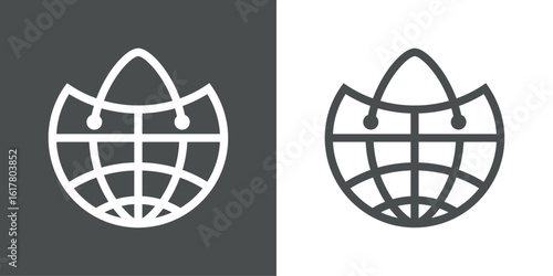 Logo compras por internet. Icono globo terráqueo con forma de bolsa de la compra con líneas 