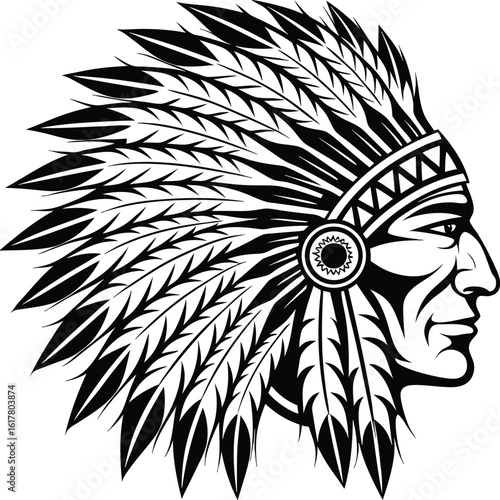 Native American Chief Head with Feather Headdress in Black and White