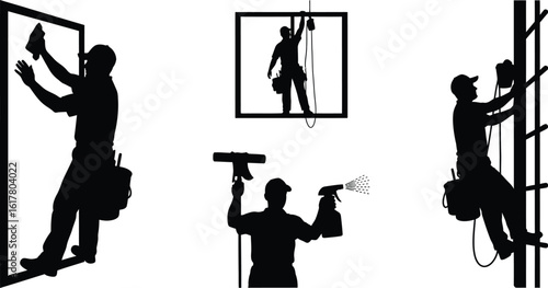 Silhouetted window cleaners in various poses