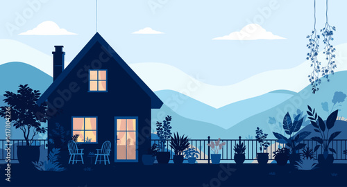 Cozy modern home with inviting lights and lush potted plants on a scenic mountain balcony at dusk