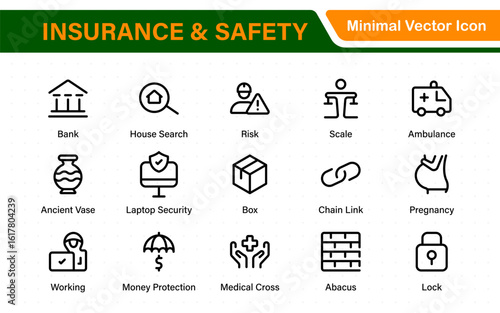 Insurance elements - minimal thin line web icon set. Insurance editable stroke symbols collection. Life, Car, House, Care, Money Insurance.