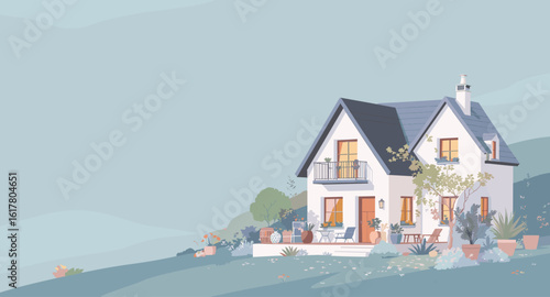 Charming modern house nestled in a serene landscape, inviting warmth and peaceful living with beautiful garden details.