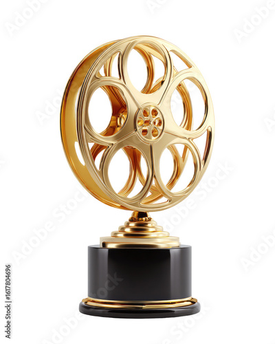 Gold movie reel award trophy.  A golden, intricate movie reel-shaped trophy on a dark gray/black pedestal