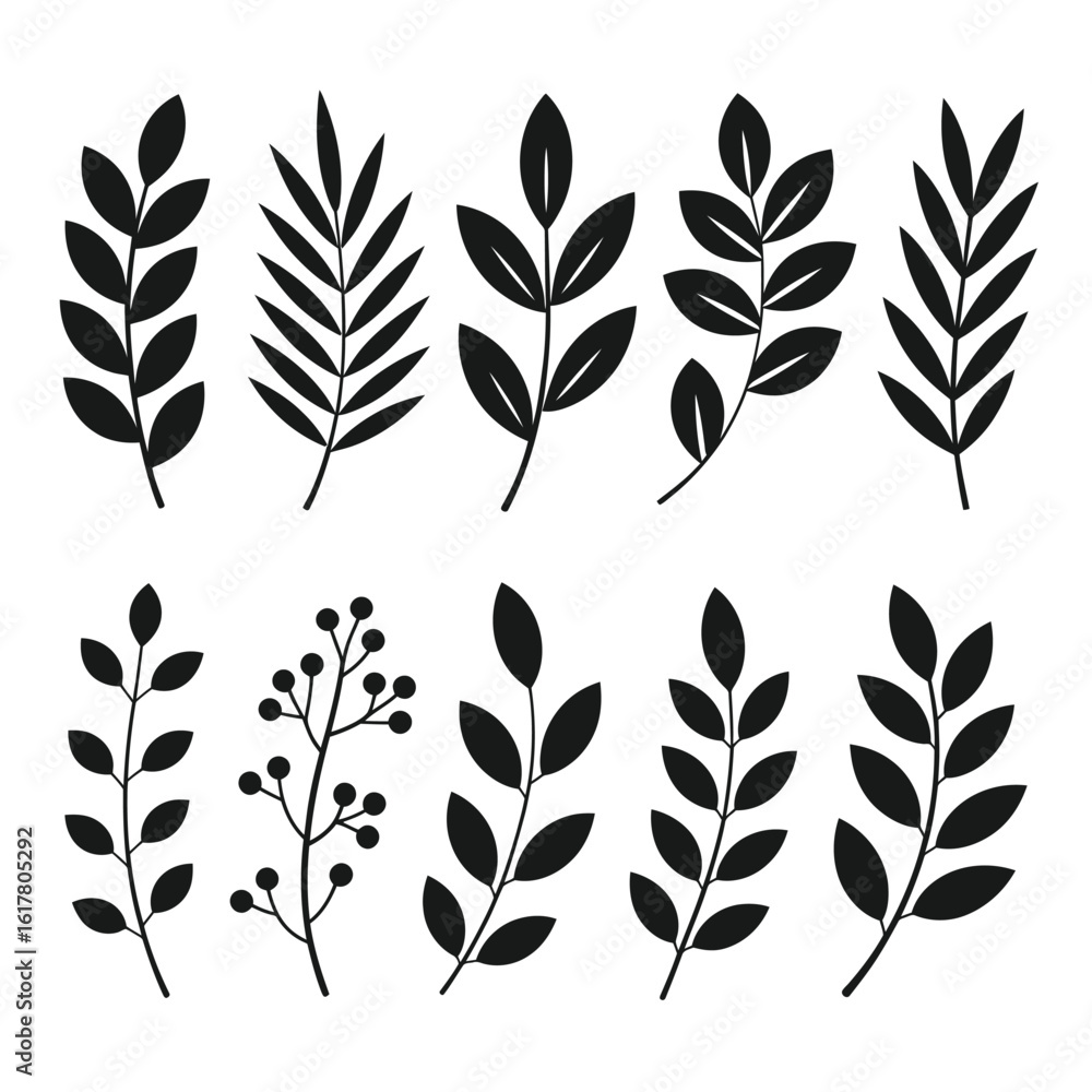 Fototapeta premium Black botanical leaf and berry branch silhouettes vector