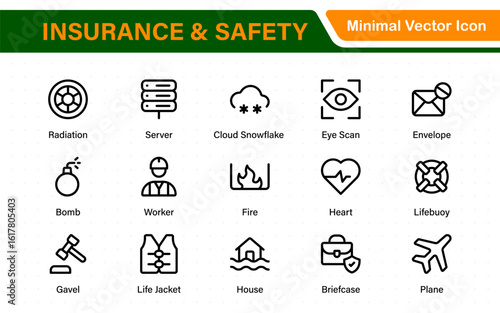 Insurance elements - minimal thin line web icon set. Insurance editable stroke symbols collection. Life, Car, House, Care, Money Insurance.