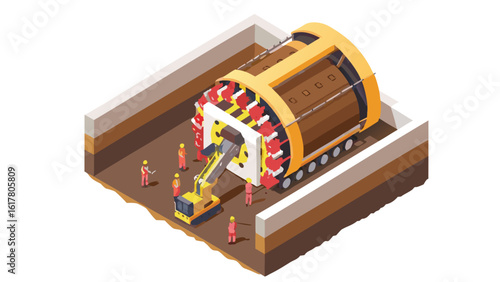 Isometric illustration of a tunnel boring machine with workers and excavator in a construction site