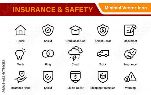 Insurance elements - minimal thin line web icon set. Insurance editable stroke symbols collection. Life, Car, House, Care, Money Insurance.
