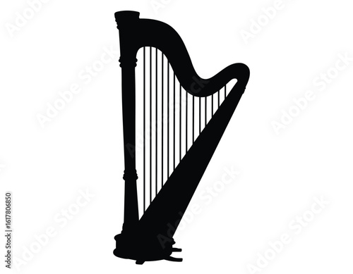 Black harp silhouette on white background musical instrument