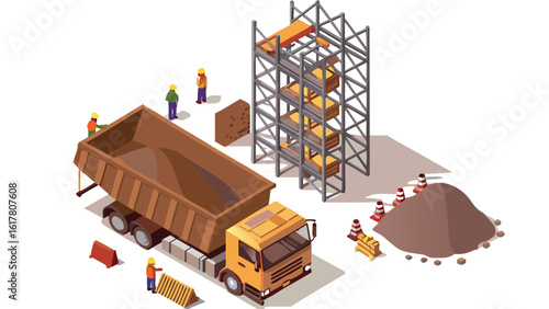 Isometric construction site with dump truck workers scaffolding and pile of soil illustrated scene