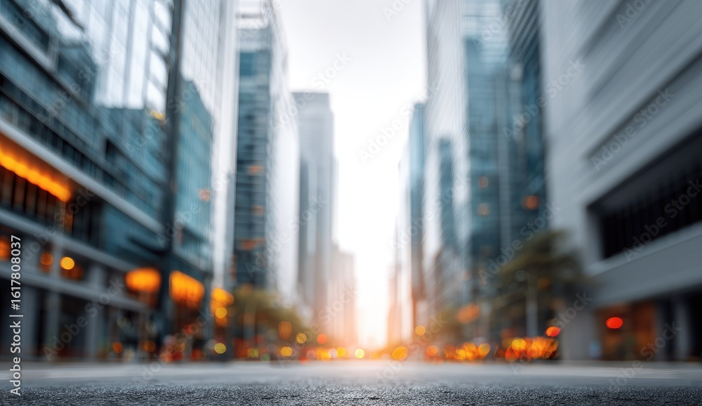 Fototapeta premium Blurred city street scene at sunrise, with tall buildings lining the road