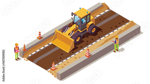 Isometric view of a construction site with a bulldozer and workers on a road project scene design