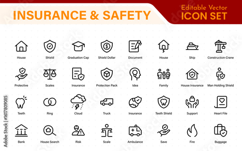 Insurance elements - minimal thin line web icon set. Insurance editable stroke symbols collection. Life, Car, House, Care, Money Insurance.