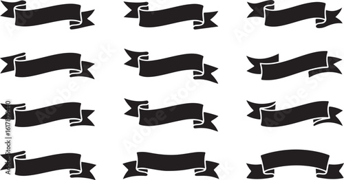 Ribbon set. Tape blank black glyph collection, decorative silhouette icons. Vintage outline design, ribbons sign style. Web icon kit of text banner tapes