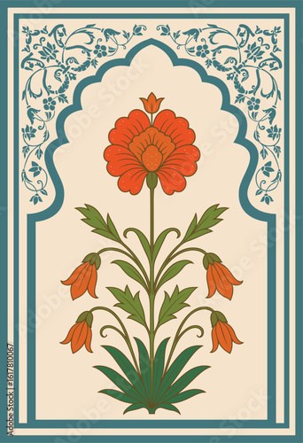 Traditional Mughal flower motif. Vintage Mughal botanical floral composition.