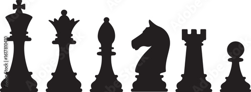 Set of chess vector icons. Black silhouette with chess. King, queen, pawn, horse and rook