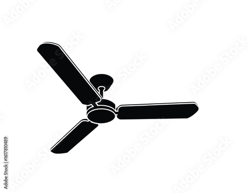 Black silhouette of a three-bladed ceiling fan white background